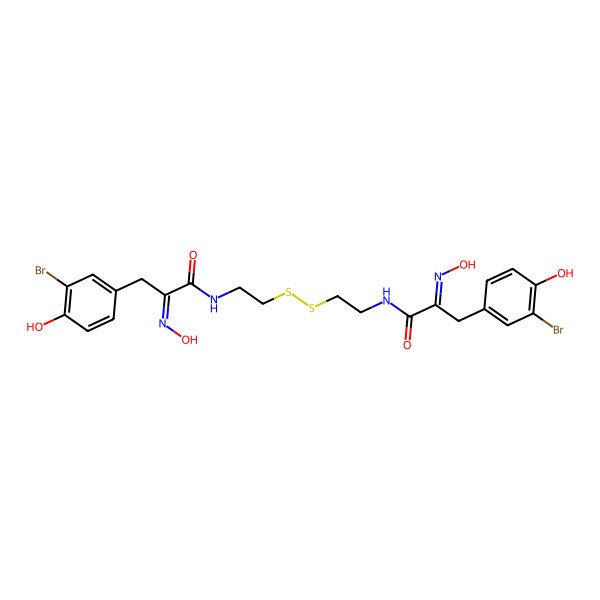 2D Structure of (2E)-3-(3-bromo-4-hydroxy-phenyl)-N-[2-[2-[[(2Z)-3-(3-bromo-4-hydroxy-phenyl)-2-hydroxyimino-propanoyl]amino]ethyldisulfanyl]ethyl]-2-hydroxyimino-propanamide