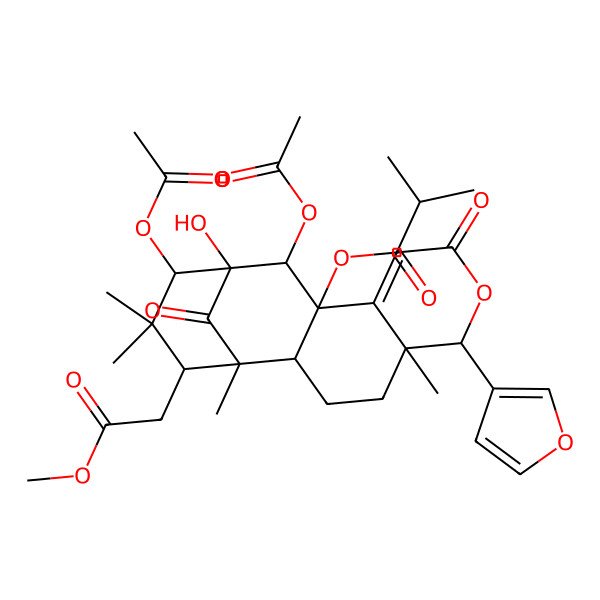 2D Structure of [12,14-Diacetyloxy-6-(furan-3-yl)-13-hydroxy-16-(2-methoxy-2-oxoethyl)-1,5,15,15-tetramethyl-8,17-dioxo-7-oxatetracyclo[11.3.1.02,11.05,10]heptadec-9-en-11-yl] 2-methylpropanoate