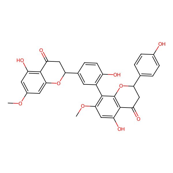 2D Structure of 5-Hydroxy-8-[2-hydroxy-5-(5-hydroxy-7-methoxy-4-oxo-2,3-dihydrochromen-2-yl)phenyl]-2-(4-hydroxyphenyl)-7-methoxy-2,3-dihydrochromen-4-one