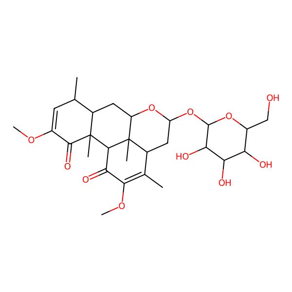 2D Structure of 4,15-Dimethoxy-2,6,14,17-tetramethyl-11-[3,4,5-trihydroxy-6-(hydroxymethyl)oxan-2-yl]oxy-10-oxatetracyclo[7.7.1.02,7.013,17]heptadeca-4,14-diene-3,16-dione