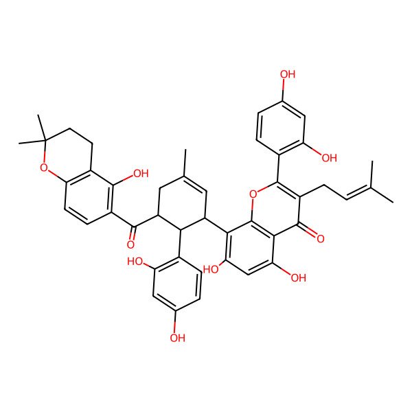 2D Structure of 2-(2,4-dihydroxyphenyl)-8-[(1R,5R,6S)-6-(2,4-dihydroxyphenyl)-5-(5-hydroxy-2,2-dimethyl-3,4-dihydrochromene-6-carbonyl)-3-methylcyclohex-2-en-1-yl]-5,7-dihydroxy-3-(3-methylbut-2-enyl)chromen-4-one