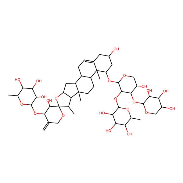 2D Structure of (2S,3R,4R,5R,6S)-2-[(2S,3R,4S,5S)-2-[(1S,2S,3'S,4S,4'S,6S,7S,8R,9S,12S,13R,14R,16R)-3',16-dihydroxy-7,9,13-trimethyl-5'-methylidene-4'-[(2S,3R,4S,5R,6R)-3,4,5-trihydroxy-6-methyloxan-2-yl]oxyspiro[5-oxapentacyclo[10.8.0.02,9.04,8.013,18]icos-18-ene-6,2'-oxane]-14-yl]oxy-5-hydroxy-4-[(2S,3R,4S,5R)-3,4,5-trihydroxyoxan-2-yl]oxyoxan-3-yl]oxy-6-methyloxane-3,4,5-triol