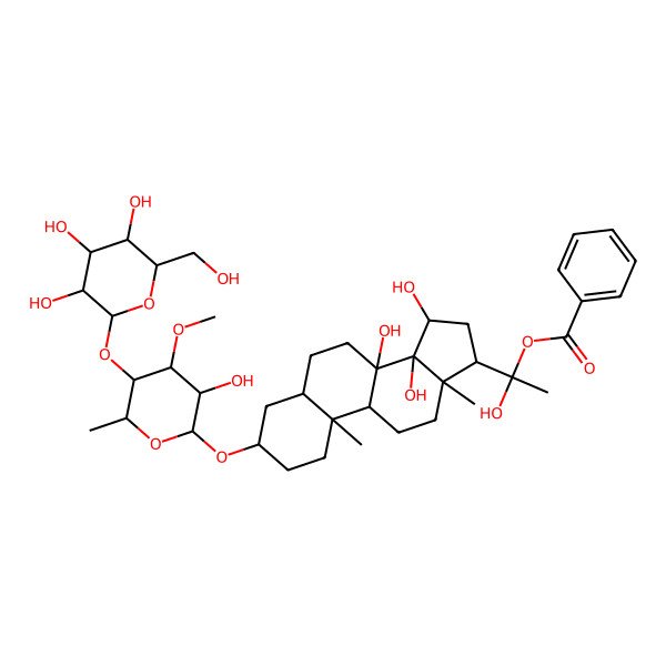 2D Structure of [(1S)-1-hydroxy-1-[(3S,8S,9R,10S,13R,14S,15R,17S)-8,14,15-trihydroxy-3-[(2R,3R,4R,5S,6R)-3-hydroxy-4-methoxy-6-methyl-5-[(2S,3R,4S,5S,6R)-3,4,5-trihydroxy-6-(hydroxymethyl)oxan-2-yl]oxyoxan-2-yl]oxy-10,13-dimethyl-2,3,4,5,6,7,9,11,12,15,16,17-dodecahydro-1H-cyclopenta[a]phenanthren-17-yl]ethyl] benzoate