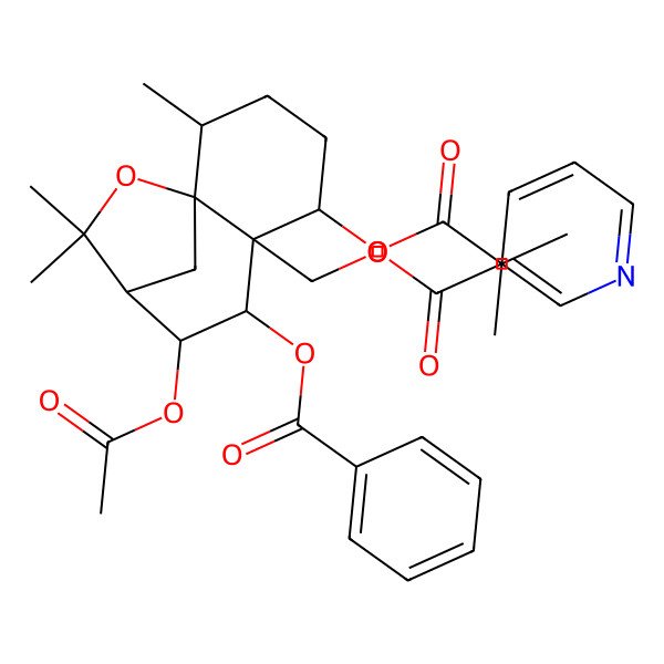 2D Structure of [(1S,2R,5R,6R,7S,8S,9S)-8-acetyloxy-7-benzoyloxy-2,10,10-trimethyl-5-(2-methylpropanoyloxy)-11-oxatricyclo[7.2.1.01,6]dodecan-6-yl]methyl pyridine-3-carboxylate