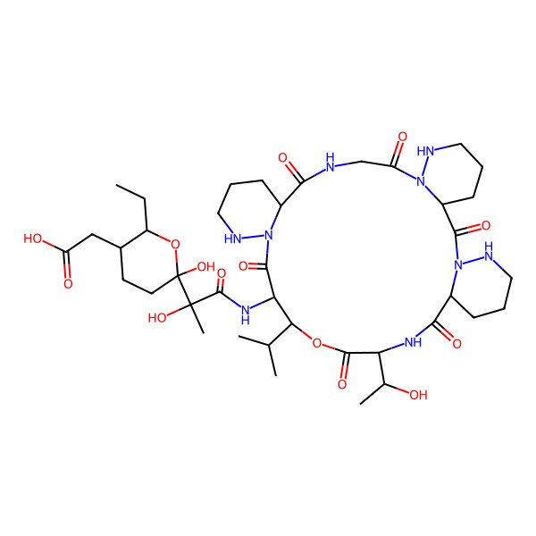 2D Structure of 2-[(2R,3R,6R)-2-ethyl-6-hydroxy-6-[(2S)-2-hydroxy-1-[[(3R,13R,20S,21S,24S,27S)-24-[(1R)-1-hydroxyethyl]-2,9,12,19,23,26-hexaoxo-21-propan-2-yl-22-oxa-1,7,8,11,17,18,25,31-octazatetracyclo[25.4.0.03,8.013,18]hentriacontan-20-yl]amino]-1-oxopropan-2-yl]oxan-3-yl]acetic acid