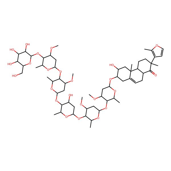 2D Structure of (2R,4aS,4bR,6R,7R,10aR)-6-hydroxy-7-[(2S,4S,5R,6R)-5-[(2S,4R,5R,6S)-5-[(2S,4S,5S,6R)-4-hydroxy-5-[(2S,4S,5R,6R)-4-methoxy-5-[(2S,4R,5S,6S)-4-methoxy-6-methyl-5-[(2S,3R,4S,5S,6R)-3,4,5-trihydroxy-6-(hydroxymethyl)oxan-2-yl]oxyoxan-2-yl]oxy-6-methyloxan-2-yl]oxy-6-methyloxan-2-yl]oxy-4-methoxy-6-methyloxan-2-yl]oxy-4-methoxy-6-methyloxan-2-yl]oxy-2,4b-dimethyl-2-(2-methylfuran-3-yl)-4,4a,5,6,7,8,10,10a-octahydro-3H-phenanthren-1-one