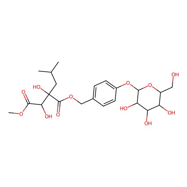2D Structure of 4-O-methyl 1-O-[[4-[3,4,5-trihydroxy-6-(hydroxymethyl)oxan-2-yl]oxyphenyl]methyl] 2,3-dihydroxy-2-(2-methylpropyl)butanedioate