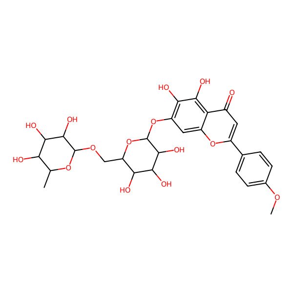 2D Structure of 5,6-dihydroxy-2-(4-methoxyphenyl)-7-[(2S,3R,4S,5S,6R)-3,4,5-trihydroxy-6-[[(2R,3R,4R,5R,6S)-3,4,5-trihydroxy-6-methyloxan-2-yl]oxymethyl]oxan-2-yl]oxychromen-4-one