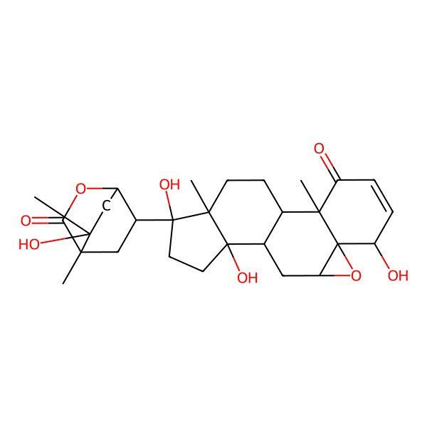 2D Structure of (1S,2R,6S,7R,9R,11R,12R,15S,16S)-6,12,15-trihydroxy-15-[(1R,4R,6R,8R)-8-hydroxy-4,8-dimethyl-3-oxo-2-oxabicyclo[2.2.2]octan-6-yl]-2,16-dimethyl-8-oxapentacyclo[9.7.0.02,7.07,9.012,16]octadec-4-en-3-one