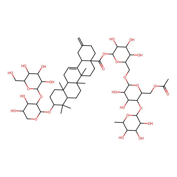 2D Structure of [(2R,3R,4S,5R,6R)-6-[[(2R,3R,4S,5R,6R)-6-(acetyloxymethyl)-3,4-dihydroxy-5-[(2S,3R,4R,5R,6S)-3,4,5-trihydroxy-6-methyloxan-2-yl]oxyoxan-2-yl]oxymethyl]-3,4,5-trihydroxyoxan-2-yl] (4aS,6aR,6aS,6bR,8aR,10S,12aR,14bS)-10-[(2S,3R,4S,5S)-4,5-dihydroxy-3-[(2S,3R,4S,5R,6R)-3,4,5-trihydroxy-6-(hydroxymethyl)oxan-2-yl]oxyoxan-2-yl]oxy-6a,6b,9,9,12a-pentamethyl-2-methylidene-1,3,4,5,6,6a,7,8,8a,10,11,12,13,14b-tetradecahydropicene-4a-carboxylate