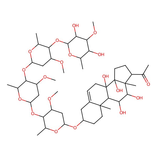 2D Structure of 1-[(3S,8S,9S,10R,11S,12S,13S,14R,17S)-3-[(2R,4S,5R,6R)-5-[(2S,4S,5R,6R)-5-[(2S,4R,5R,6R)-5-[(2S,3R,4R,5R,6R)-3,5-dihydroxy-4-methoxy-6-methyloxan-2-yl]oxy-4-methoxy-6-methyloxan-2-yl]oxy-4-methoxy-6-methyloxan-2-yl]oxy-4-methoxy-6-methyloxan-2-yl]oxy-8,11,12,14-tetrahydroxy-10,13-dimethyl-2,3,4,7,9,11,12,15,16,17-decahydro-1H-cyclopenta[a]phenanthren-17-yl]ethanone