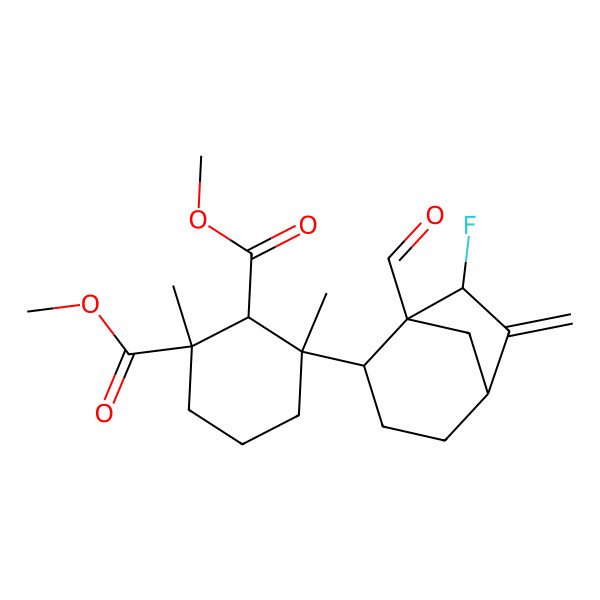 2D Structure of Dimethyl 3-(7-fluoro-1-formyl-6-methylidene-2-bicyclo[3.2.1]octanyl)-1,3-dimethylcyclohexane-1,2-dicarboxylate
