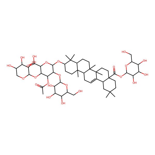2D Structure of 6-[[4,4,6a,6b,11,11,14b-Heptamethyl-8a-[3,4,5-trihydroxy-6-(hydroxymethyl)oxan-2-yl]oxycarbonyl-1,2,3,4a,5,6,7,8,9,10,12,12a,14,14a-tetradecahydropicen-3-yl]oxy]-4-acetyloxy-5-[3,4,5-trihydroxy-6-(hydroxymethyl)oxan-2-yl]oxy-3-(3,4,5-trihydroxyoxan-2-yl)oxyoxane-2-carboxylic acid