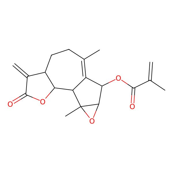 2D Structure of (9,14-Dimethyl-5-methylidene-4-oxo-3,13-dioxatetracyclo[8.4.0.02,6.012,14]tetradec-9-en-11-yl) 2-methylprop-2-enoate