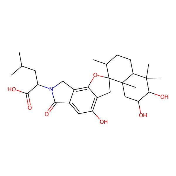 2D Structure of (2S)-2-[(2R,3S,4aS,7R,8R,8aS)-2,3,4'-trihydroxy-4,4,7,8a-tetramethyl-6'-oxospiro[2,3,4a,5,6,7-hexahydro-1H-naphthalene-8,2'-3,8-dihydrouro[2,3-e]isoindole]-7'-yl]-4-methylpentanoic acid