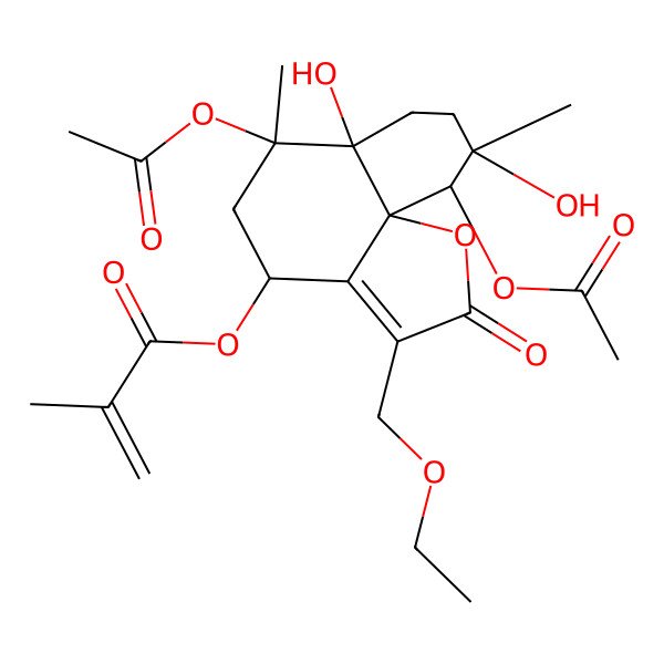 2D Structure of [6,10-diacetyloxy-3-(ethoxymethyl)-6a,9-dihydroxy-6,9-dimethyl-2-oxo-5,7,8,10-tetrahydro-4H-benzo[h][1]benzofuran-4-yl] 2-methylprop-2-enoate