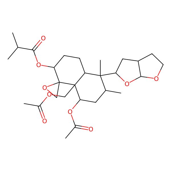 2D Structure of [5-(2,3,3a,4,5,6a-hexahydrofuro[2,3-b]furan-5-yl)-8-acetyloxy-8a-(acetyloxymethyl)-5,6-dimethylspiro[3,4,4a,6,7,8-hexahydro-2H-naphthalene-1,2'-oxirane]-2-yl] 2-methylpropanoate