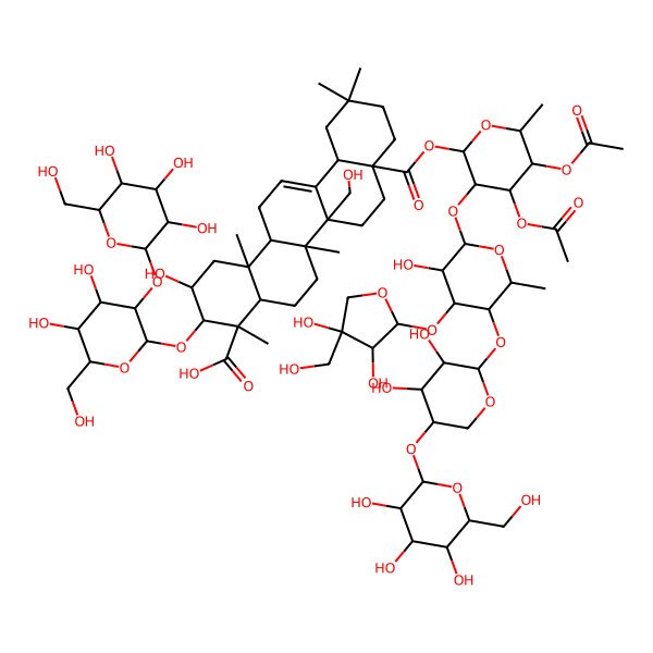 2D Structure of (2S,3R,4S,4aR,6aR,6bR,8aS,12aS,14aR,14bR)-8a-[(2S,3R,4S,5S,6R)-4,5-diacetyloxy-3-[(2S,3R,4S,5S,6S)-4-[(2S,3R,4R)-3,4-dihydroxy-4-(hydroxymethyl)oxolan-2-yl]oxy-5-[(2S,3R,4R,5R)-3,4-dihydroxy-5-[(2S,3R,4S,5R,6R)-3,4,5-trihydroxy-6-(hydroxymethyl)oxan-2-yl]oxyoxan-2-yl]oxy-3-hydroxy-6-methyloxan-2-yl]oxy-6-methyloxan-2-yl]oxycarbonyl-3-[(2R,3R,4S,5S,6R)-4,5-dihydroxy-6-(hydroxymethyl)-3-[(2S,3R,4S,5S,6R)-3,4,5-trihydroxy-6-(hydroxymethyl)oxan-2-yl]oxyoxan-2-yl]oxy-2-hydroxy-6b-(hydroxymethyl)-4,6a,11,11,14b-pentamethyl-1,2,3,4a,5,6,7,8,9,10,12,12a,14,14a-tetradecahydropicene-4-carboxylic acid