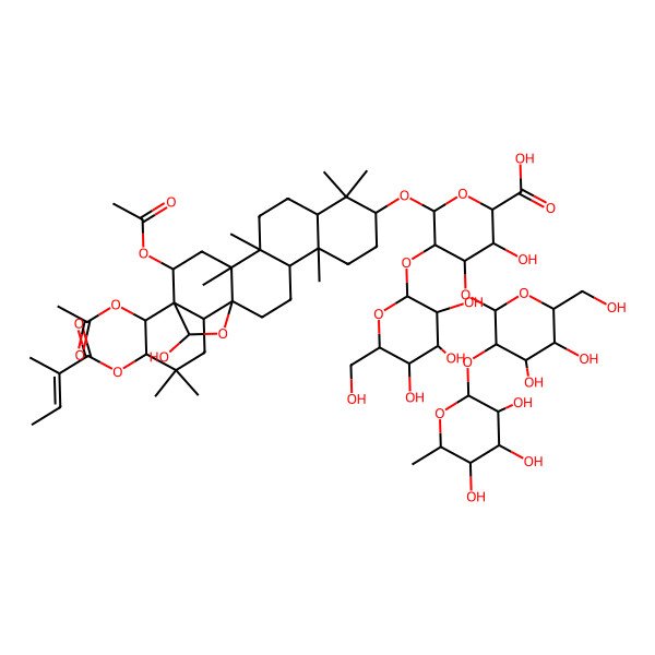 2D Structure of (2S,3S,4S,5R,6R)-6-[[(1R,2R,4S,5R,8R,10S,13R,14R,17S,18R,21R,22R,23S)-2,22-diacetyloxy-23-hydroxy-4,5,9,9,13,20,20-heptamethyl-21-[(Z)-2-methylbut-2-enoyl]oxy-24-oxahexacyclo[15.5.2.01,18.04,17.05,14.08,13]tetracosan-10-yl]oxy]-4-[(2S,3R,4S,5R,6R)-4,5-dihydroxy-6-(hydroxymethyl)-3-[(2S,3R,4R,5R,6S)-3,4,5-trihydroxy-6-methyloxan-2-yl]oxyoxan-2-yl]oxy-3-hydroxy-5-[(2S,3R,4S,5R,6R)-3,4,5-trihydroxy-6-(hydroxymethyl)oxan-2-yl]oxyoxane-2-carboxylic acid