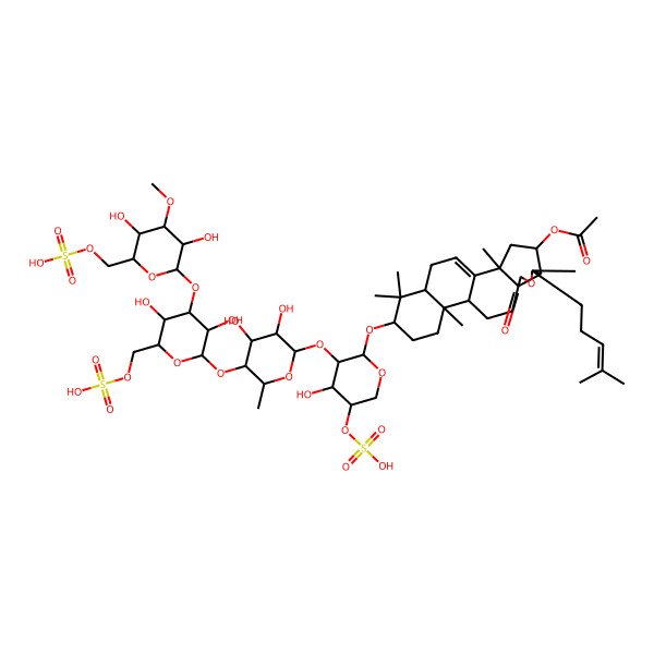 2D Structure of [16-[3-[5-[4-[3,5-Dihydroxy-4-methoxy-6-(sulfooxymethyl)oxan-2-yl]oxy-3,5-dihydroxy-6-(sulfooxymethyl)oxan-2-yl]oxy-3,4-dihydroxy-6-methyloxan-2-yl]oxy-4-hydroxy-5-sulfooxyoxan-2-yl]oxy-2,6,13,17,17-pentamethyl-6-(4-methylpent-3-enyl)-8-oxo-7-oxapentacyclo[10.8.0.02,9.05,9.013,18]icos-1(20)-en-4-yl] acetate