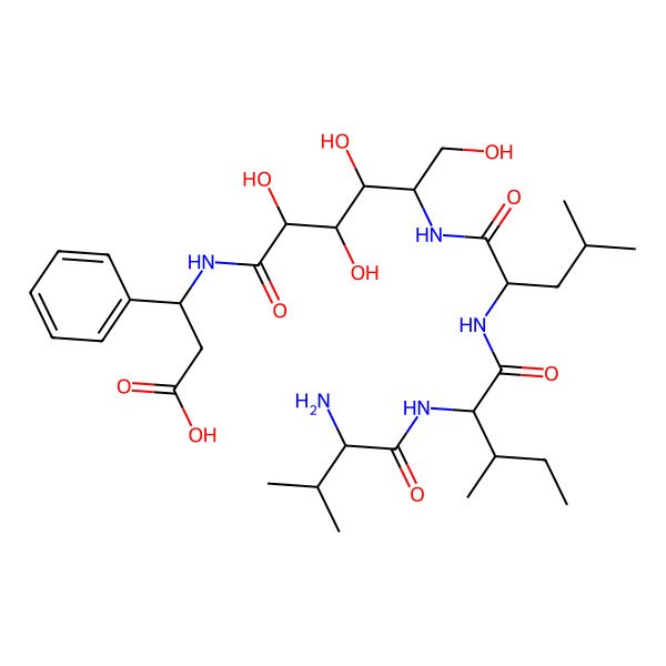 2D Structure of (3S)-3-[[(2S,3R,4R,5S)-5-[[(2S)-2-[[(2S,3S)-2-[[(2S)-2-amino-3-methylbutanoyl]amino]-3-methylpentanoyl]amino]-4-methylpentanoyl]amino]-2,3,4,6-tetrahydroxyhexanoyl]amino]-3-phenylpropanoic acid