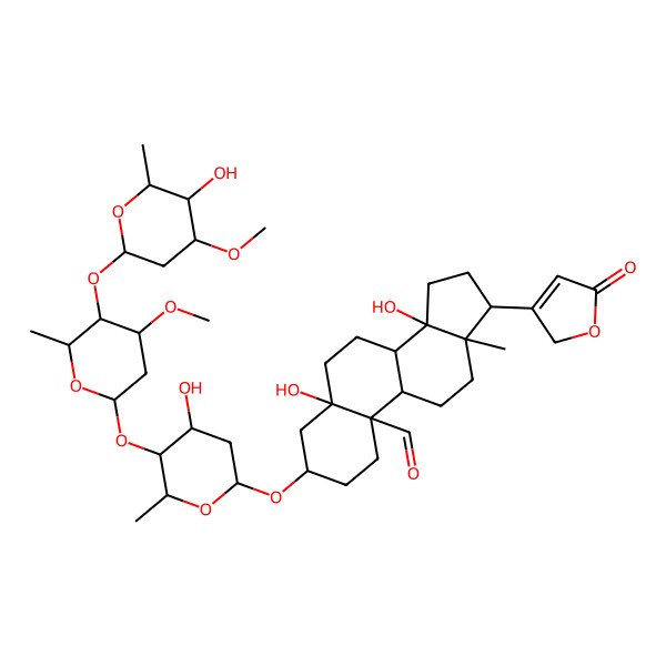 2D Structure of 5,14-dihydroxy-3-[4-hydroxy-5-[5-(5-hydroxy-4-methoxy-6-methyloxan-2-yl)oxy-4-methoxy-6-methyloxan-2-yl]oxy-6-methyloxan-2-yl]oxy-13-methyl-17-(5-oxo-2H-furan-3-yl)-2,3,4,6,7,8,9,11,12,15,16,17-dodecahydro-1H-cyclopenta[a]phenanthrene-10-carbaldehyde