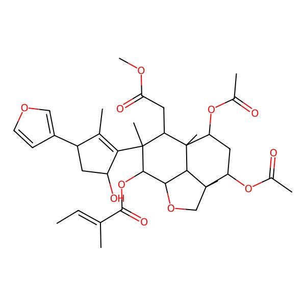 2D Structure of [5,7-Diacetyloxy-10-[3-(furan-3-yl)-5-hydroxy-2-methylcyclopenten-1-yl]-9-(2-methoxy-2-oxoethyl)-4,8,10-trimethyl-2-oxatricyclo[6.3.1.04,12]dodecan-11-yl] 2-methylbut-2-enoate
