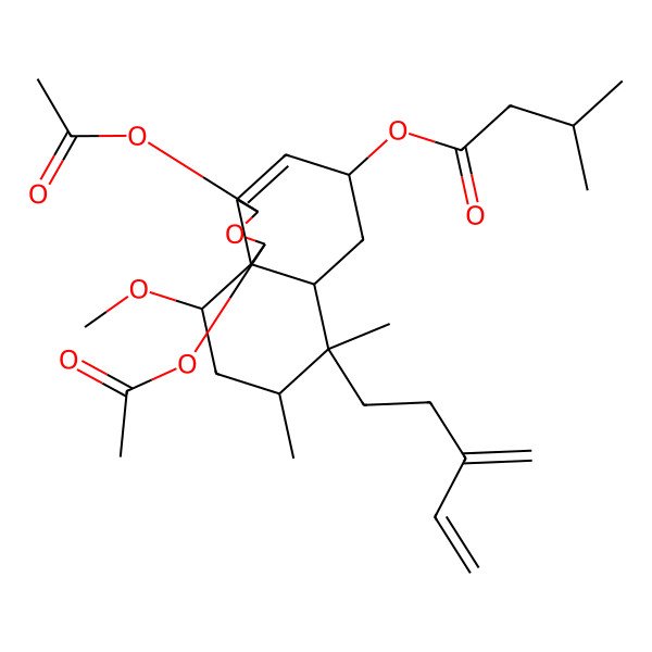 2D Structure of [(1R,3S,5S,6aR,7S,8S,10R,10aS)-1,3-diacetyloxy-10-methoxy-7,8-dimethyl-7-(3-methylidenepent-4-enyl)-1,3,5,6,6a,8,9,10-octahydrobenzo[d][2]benzofuran-5-yl] 3-methylbutanoate