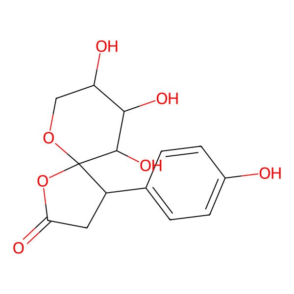 2D Structure of 6,7,8-Trihydroxy-4-(4-hydroxyphenyl)-1,10-dioxaspiro[4.5]decan-2-one