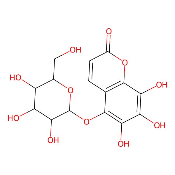 2D Structure of 6,7,8-trihydroxy-5-[(2S,3R,4S,5S,6R)-3,4,5-trihydroxy-6-(hydroxymethyl)oxan-2-yl]oxychromen-2-one