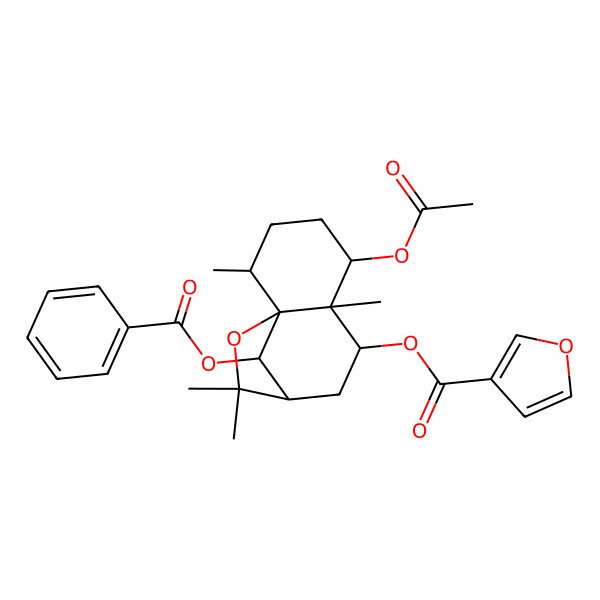 2D Structure of [(1S,2R,5S,6S,7S,9R,12R)-5-acetyloxy-12-benzoyloxy-2,6,10,10-tetramethyl-11-oxatricyclo[7.2.1.01,6]dodecan-7-yl] furan-3-carboxylate
