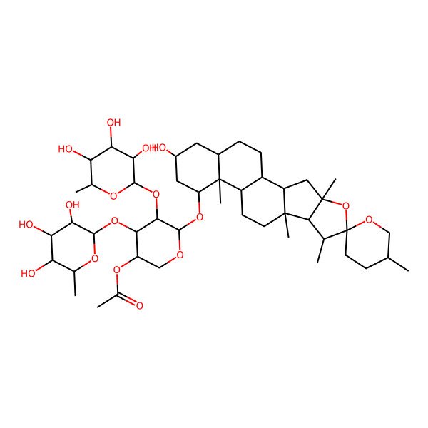 2D Structure of [(3R,4R,5R,6S)-6-[(1S,2R,4S,5'R,6R,7S,8R,9S,12R,13R,14R,16R,18S)-16-hydroxy-4,5',7,9,13-pentamethylspiro[5-oxapentacyclo[10.8.0.02,9.04,8.013,18]icosane-6,2'-oxane]-14-yl]oxy-4-[(2S,3R,4R,5R,6S)-3,4,5-trihydroxy-6-methyloxan-2-yl]oxy-5-[(2R,3R,4R,5S,6S)-3,4,5-trihydroxy-6-methyloxan-2-yl]oxyoxan-3-yl] acetate