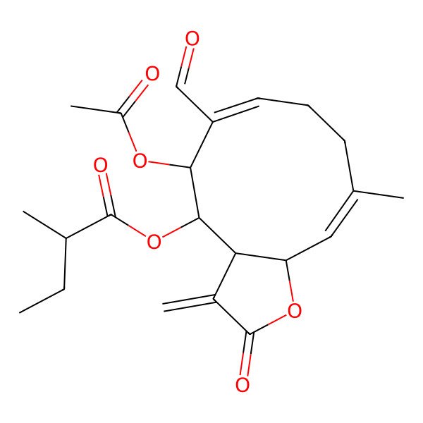 2D Structure of [(3aS,4S,5S,6E,10E,11aR)-5-acetyloxy-6-formyl-10-methyl-3-methylidene-2-oxo-3a,4,5,8,9,11a-hexahydrocyclodeca[b]furan-4-yl] (2R)-2-methylbutanoate