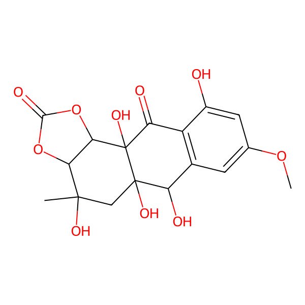 2D Structure of 4,5a,6,10,11a-Pentahydroxy-8-methoxy-4-methyl-3a,5,6,11b-tetrahydroanthra[1,2-d][1,3]dioxole-2,11-dione