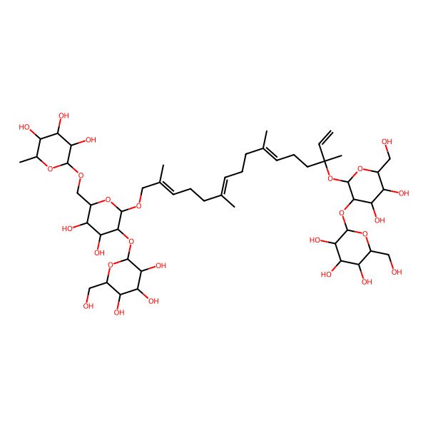 2D Structure of beta-D-Glucopyranoside, (1S,4E,8E,12Z)-14-[(O-6-deoxy-alpha-L-mannopyranosyl-(1-->6)-O-[beta-D-glucopyranosyl-(1-->2)]-beta-D-glucopyranosyl)oxy]-1-ethenyl-1,5,9,13-tetramethyl-4,8,12-tetradecatrien-1-yl 2-O-beta-D-glucopyranosyl-
