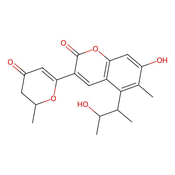 2D Structure of 7-hydroxy-5-[(2S,3R)-3-hydroxybutan-2-yl]-6-methyl-3-(2-methyl-4-oxo-2,3-dihydropyran-6-yl)chromen-2-one