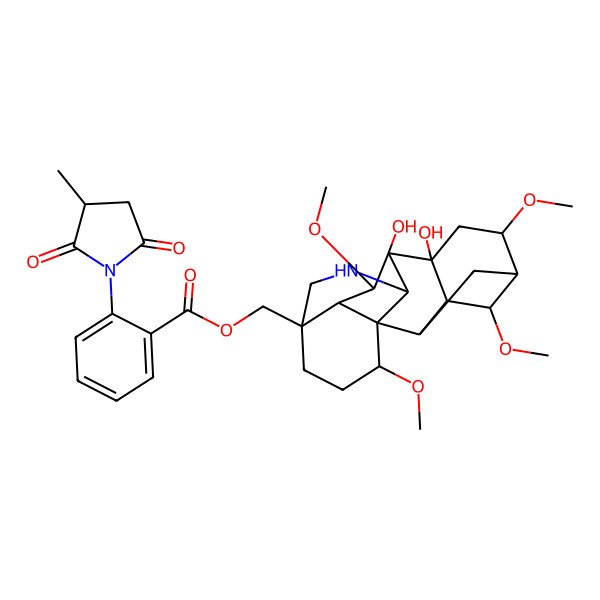 2D Structure of (8,9-Dihydroxy-4,6,16,18-tetramethoxy-11-azahexacyclo[7.7.2.12,5.01,10.03,8.013,17]nonadecan-13-yl)methyl 2-(3-methyl-2,5-dioxopyrrolidin-1-yl)benzoate