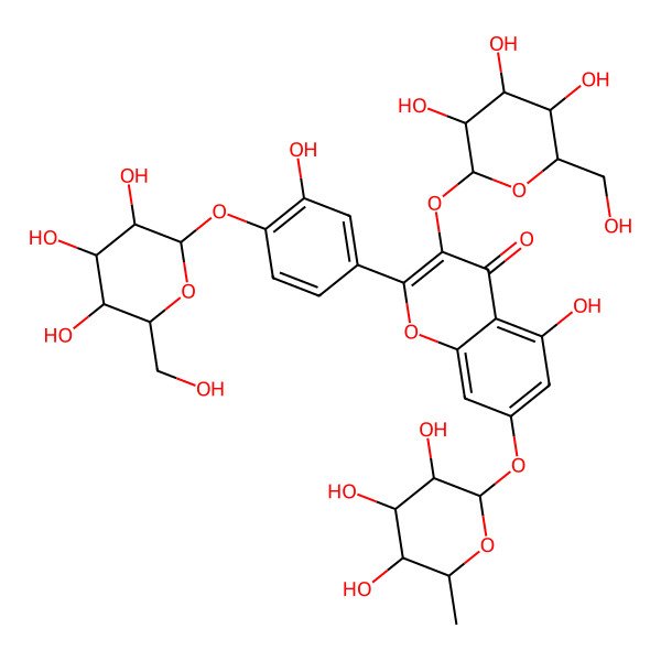 2D Structure of 5-Hydroxy-2-[3-hydroxy-4-[3,4,5-trihydroxy-6-(hydroxymethyl)oxan-2-yl]oxyphenyl]-3-[3,4,5-trihydroxy-6-(hydroxymethyl)oxan-2-yl]oxy-7-(3,4,5-trihydroxy-6-methyloxan-2-yl)oxychromen-4-one