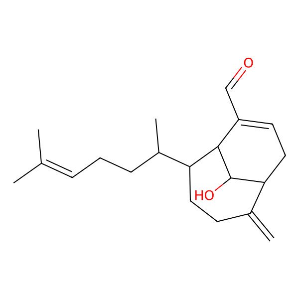 2D Structure of (1S,5S,6S,10R)-10-hydroxy-5-[(2R)-6-methylhept-5-en-2-yl]-2-methylidenebicyclo[4.3.1]dec-7-ene-7-carbaldehyde