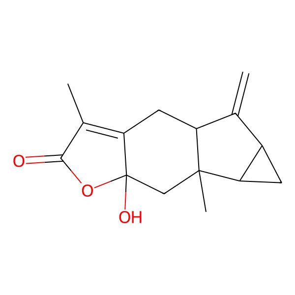 2D Structure of (1S,7R,9S,10R,12S)-7-hydroxy-4,9-dimethyl-13-methylidene-6-oxatetracyclo[7.4.0.03,7.010,12]tridec-3-en-5-one