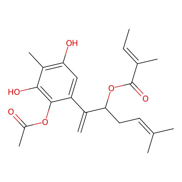 2D Structure of [(3S)-2-(2-acetyloxy-3,5-dihydroxy-4-methylphenyl)-6-methylhepta-1,5-dien-3-yl] (Z)-2-methylbut-2-enoate