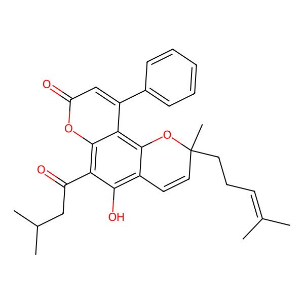 2D Structure of (2S)-5-hydroxy-2-methyl-6-(3-methylbutanoyl)-2-(4-methylpent-3-enyl)-10-phenylpyrano[2,3-f]chromen-8-one