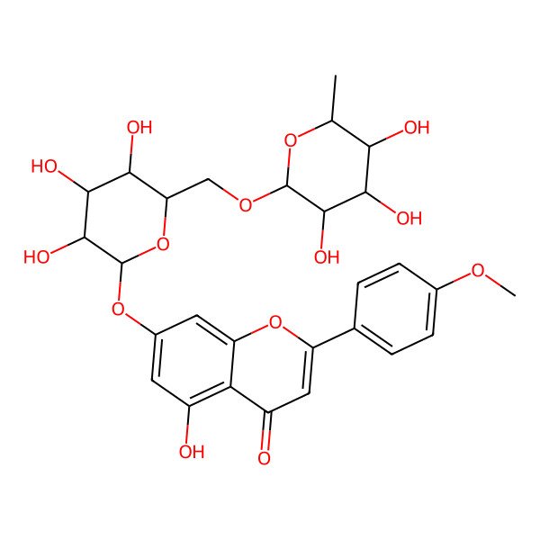 2D Structure of 5-hydroxy-2-(4-methoxyphenyl)-7-[(2S,3S,4S,5S,6S)-3,4,5-trihydroxy-6-[[(2R,3S,4S,5R,6S)-3,4,5-trihydroxy-6-methyloxan-2-yl]oxymethyl]oxan-2-yl]oxychromen-4-one