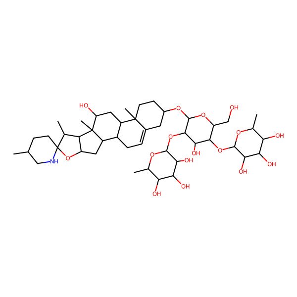 2D Structure of (2S,3R,4R,5R,6S)-2-[(2R,3S,4S,5R,6R)-4-hydroxy-2-(hydroxymethyl)-6-[(1R,2S,4S,5'R,6R,7S,8R,9S,10R,12S,13R,16S)-10-hydroxy-5',7,9,13-tetramethylspiro[5-oxapentacyclo[10.8.0.02,9.04,8.013,18]icos-18-ene-6,2'-piperidine]-16-yl]oxy-5-[(2S,3R,4R,5R,6S)-3,4,5-trihydroxy-6-methyloxan-2-yl]oxyoxan-3-yl]oxy-6-methyloxane-3,4,5-triol