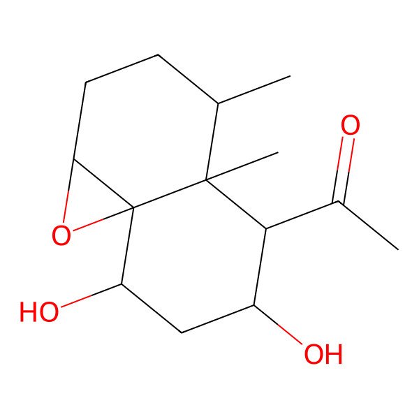 2D Structure of 1-[(4S,4aS,5R,6S,8S)-6,8-dihydroxy-4,4a-dimethyl-1a,2,3,4,5,6,7,8-octahydronaphtho[4a,5-b]oxiren-5-yl]ethanone