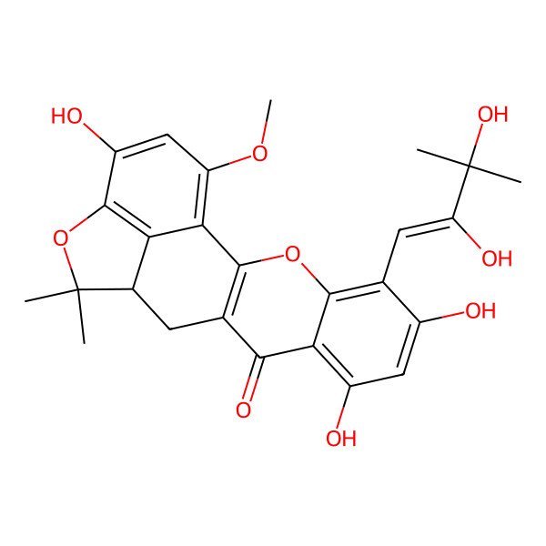 2D Structure of (13S)-5-[(E)-2,3-dihydroxy-3-methylbut-1-enyl]-6,8,17-trihydroxy-19-methoxy-14,14-dimethyl-3,15-dioxapentacyclo[11.6.1.02,11.04,9.016,20]icosa-1(19),2(11),4,6,8,16(20),17-heptaen-10-one