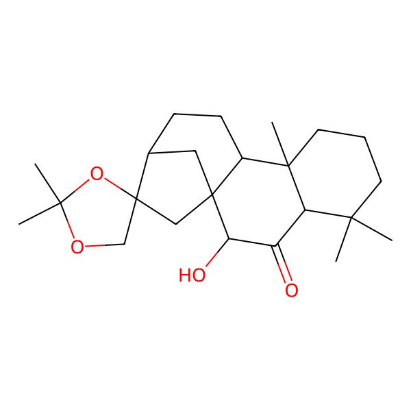 2D Structure of 2'-Hydroxy-2,2,5',5',9'-pentamethylspiro[1,3-dioxolane-4,14'-tetracyclo[11.2.1.01,10.04,9]hexadecane]-3'-one