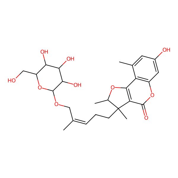 2D Structure of (2R,3S)-7-hydroxy-2,3,9-trimethyl-3-[(Z)-4-methyl-5-[(2R,3R,4S,5S,6R)-3,4,5-trihydroxy-6-(hydroxymethyl)oxan-2-yl]oxypent-3-enyl]-2H-furo[3,2-c]chromen-4-one