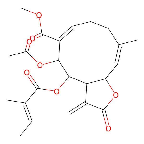 2D Structure of Methyl 5-acetyloxy-10-methyl-4-(2-methylbut-2-enoyloxy)-3-methylidene-2-oxo-3a,4,5,8,9,11a-hexahydrocyclodeca[b]furan-6-carboxylate