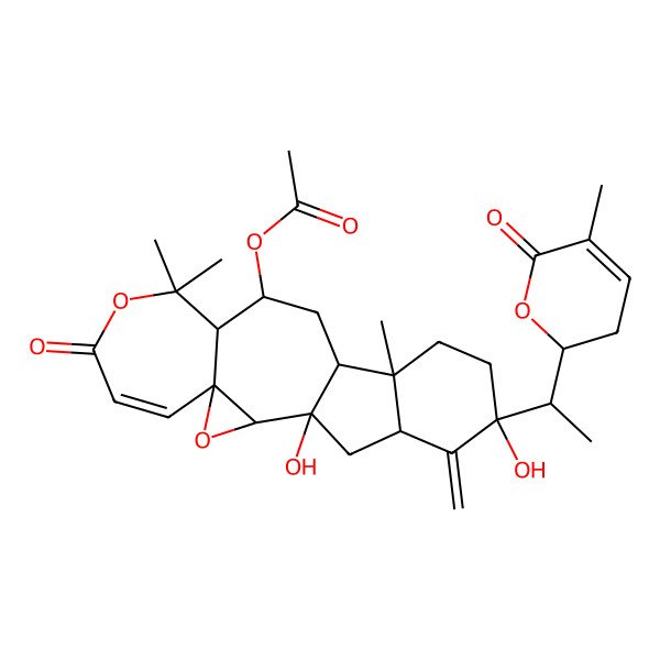 2D Structure of [1,17-Dihydroxy-9,9,14-trimethyl-18-methylidene-17-[1-(5-methyl-6-oxo-2,3-dihydropyran-2-yl)ethyl]-7-oxo-3,8-dioxapentacyclo[11.7.0.02,4.04,10.014,19]icos-5-en-11-yl] acetate